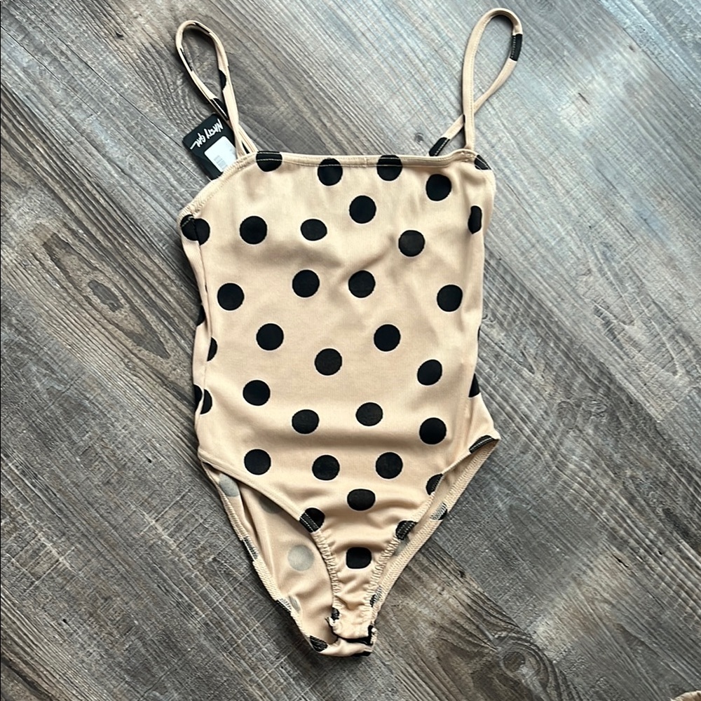 Nasty Gal Tan Polka Dot Bodysuit with Black Dots